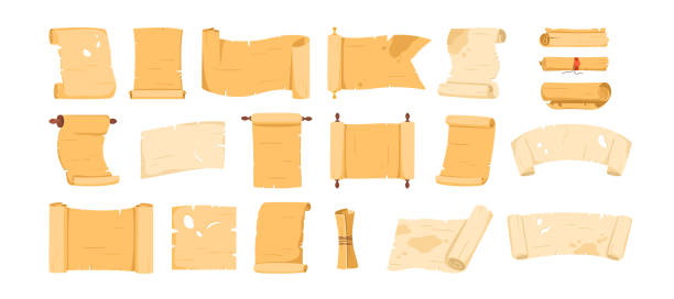 Parchment scrolls set, old papyrus rolls collection with ancient paper sheet, torn letter Parchment scrolls set vector illustration. Cartoon isolated old papyrus rolls collection with ancient paper sheet for treasure map, vintage document, letter with torn texture and rolled diploma parchment scroll banner stock illustrations