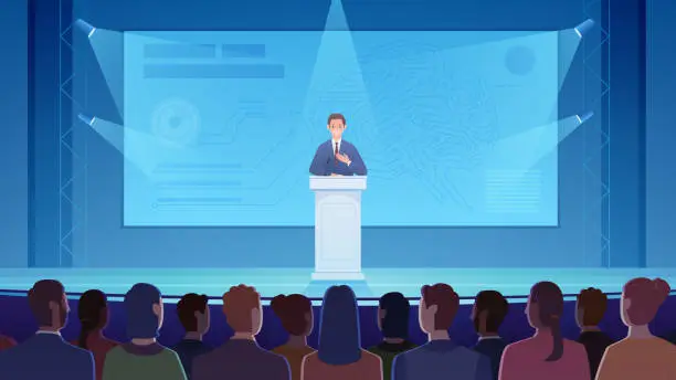 Vector illustration of Public speech of scientist at science conference or symposium, speaker standing at podium