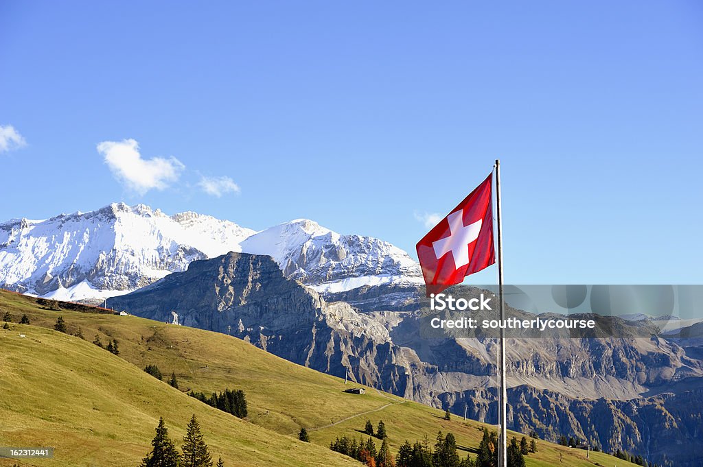 Flaga Szwajcarii na przodzie Berneński Alpy Panorama - Zbiór zdjęć royalty-free (Flaga Szwajcarii)