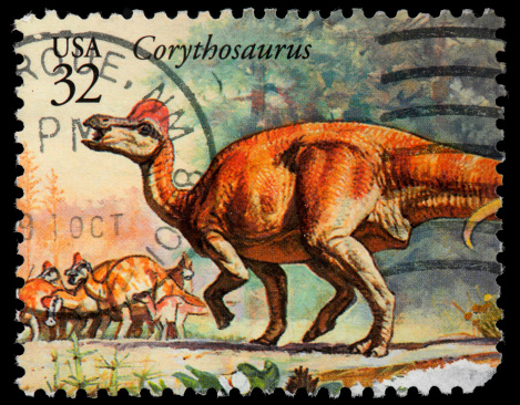 Corythosaurus postage stamp from the dinosaurs  series. Corythosaurus weighed in at 4 tonnes and measured roughly 10 metres (35 ft) from nose to tail.