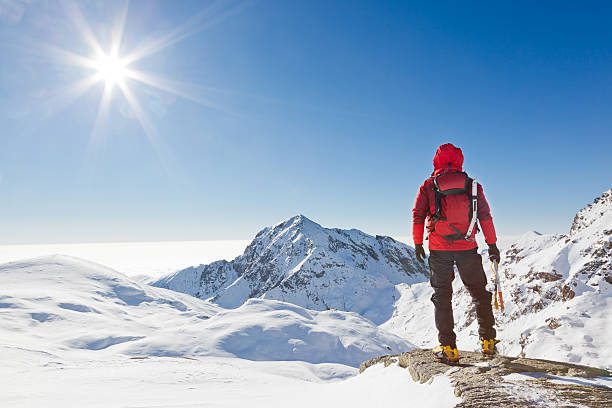 alpiniste en regardant un paysage de montagne enneigée - mountain peak snow mountain winter photos et images de collection