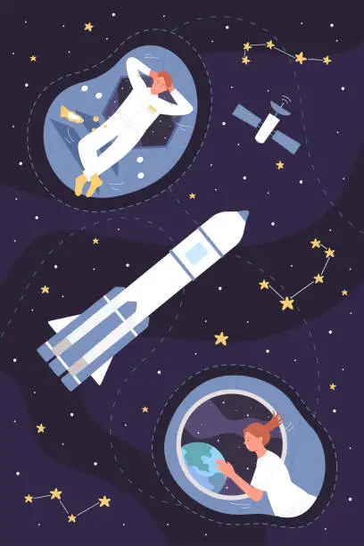 Vector illustration of Space explorers travel concept, astronauts flying among solar system planets and stars