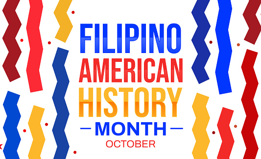 Filipino American Histroy month wallpaper design with colorful shapes and typography in the center.