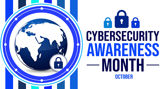 Cybersecurity Awareness month wallpaper design with lock, globe and typography on the side. October is observed as cybersecurity month, backdrop