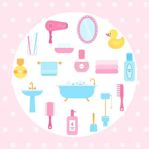 Vector illustration of Set of bathroom accessories on pink background. Clipart