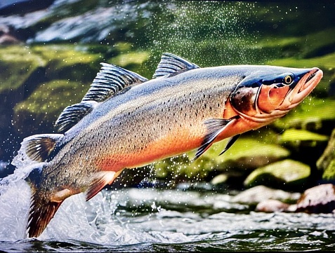 A stunning salmon leaping in a river