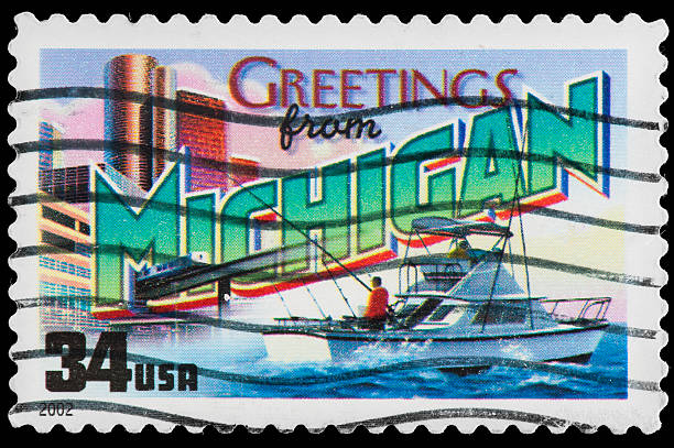 istock Michigan State Postage Stamp GREETINGS FROM AMERICA Retro Postcard Theme 162317308