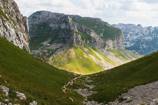 Panoramic views on the rocky mountain landscapes from a hike from the Sedlo Pass to the peak of Bobotov Kuk, Montenegro