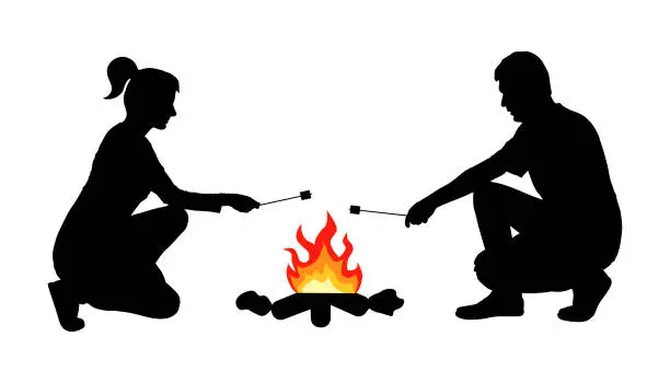Vector illustration of Silhouette of man with woman frying marshmallow on bonfire. Camping. Vector illustration
