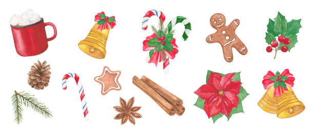 istock Christmas golden bells, poinsettia, holly, biscuits, caramel, spruce branch, cone 1623179855