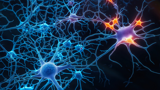 Firing Neurons - 3d rendered image of Neuron cell network on black background.  Conceptual medical illustration.  Healthcare concept. SEM [TEM] hologram view. Glowing neurons signals.