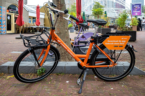 Rotterdam, Netherlands - September 25, 2021: Donkey Republic bike nearby Rotterdam Blaak station