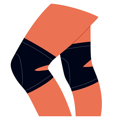 Female legs with protective knee pads. Safety equipment for dancing, fitness and sport. Protect the knee joint lifestyle. Vector illustration in cartoon style. Isolated white background.