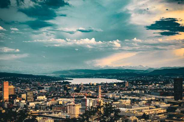 Zurich with alpine and lake panorama at sunset - high quality picture