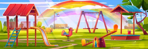 Vector illustration of Kid playground park with rainbow vector background