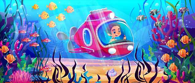 Kids submarine cartoon vector underwater illustration. Kid nautical adventure in sub marine vehicle with propeller and windows discover seafloor background. Under water transport with happy child.