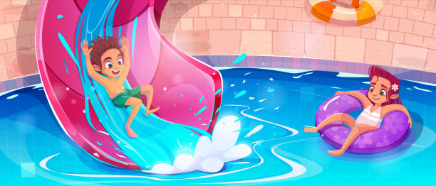 chłopiec na zjeżdżalni i dziewczyna bawią się w aquaparku basenowym - swimming pool child water park inflatable stock illustrations