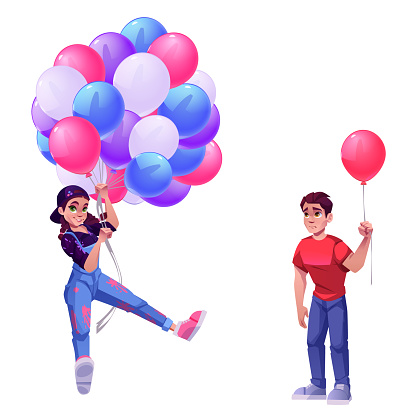 People with balloon cartoon vector illustration. Girl designer holding many baloon in hand and smile. Sad man with one fly ballon stand. Social group pose for win and lose isolated drawn design.