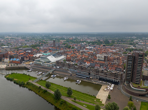 This aerial drone photo shows the city of Venlo in the Netherlands. Venlo is located next to the river Meuse.