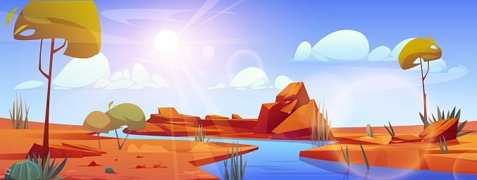 River flowing through Sahara desert. Vector cartoon illustration of sandy dunes landscape, stones on bank, green cacti plants growing near water, sunlight flaring in air, blue sky with white clouds