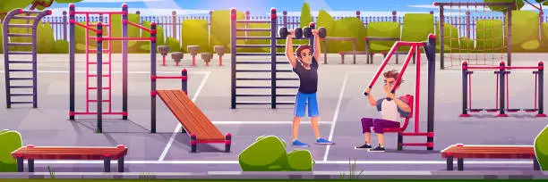 Vector illustration of Man in outdoor gym park and street sport equipment