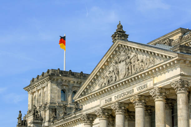istock Front exterior of Reichstag with Germany flag on rooftop 1623210696