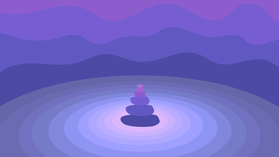 Zen stones on abstract blue purple background. Peace of mind, calming the mind, relax, harmony, balance, appeasement, peace in the soul, pacification. Vector illustration