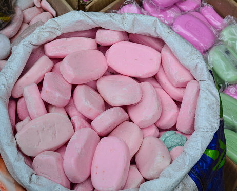 Soap for sale at street market in Old Delhi, India.