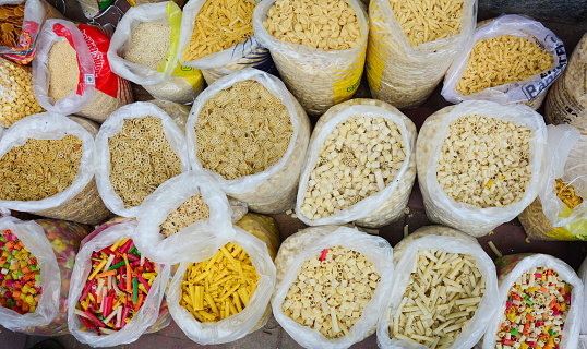 Close-up of dried foods for sale at Chandni Chowk Market in Old Delhi, India. The Chandni Chowk (Moonlight Square) is one of the oldest markets in Old Delhi.
