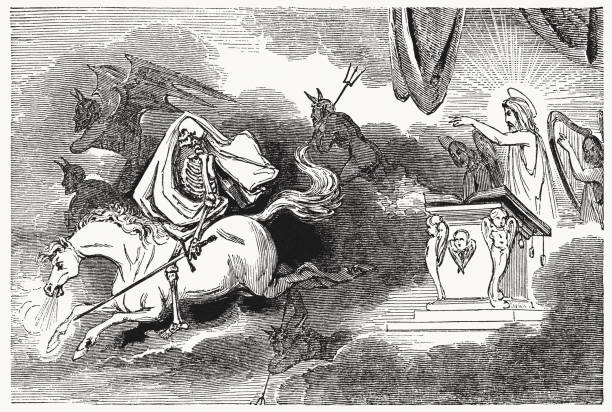 ilustraciones, imágenes clip art, dibujos animados e iconos de stock de apertura del cuarto sello (apocalipsis 6, 7-8), xilografía, 1837 - zu hell