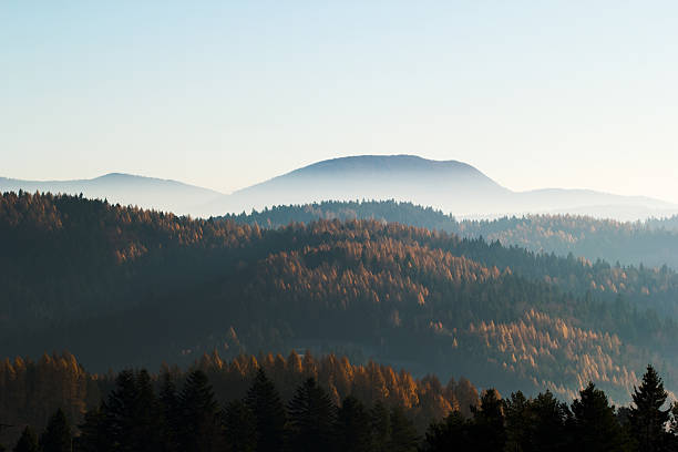 Autumn Mountains View of Mountain Lackowa (997 msl) in Low Beskids at sunrise. November. beskid mountains photos stock pictures, royalty-free photos & images