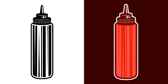 Ketchup bottle vector graphic object or design element in two styles black on white and colored