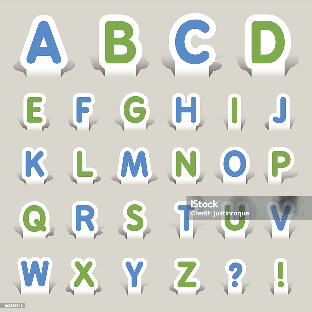 Paper Cut - Alphabet Vector illustration, Each icon is available in green and blue and can be used at any size. You can easily change the colors. Shadows could be moved or deleted. Files included: Vector EPS 10,  HD JPEG 4000 x 4000 Alphabet stock vector