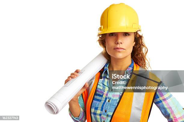 Mujer Feliz Hermosa Trabajador De Construcción Foto de stock y más banco de imágenes de 20 a 29 años - 20 a 29 años, 30-39 años, Accesorio de cabeza