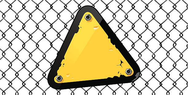 Warning sign Rusty warning sign on a fence metal mesh old road signal stock illustrations