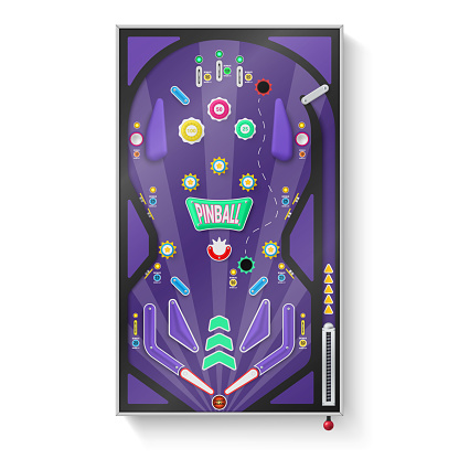 Pinball game machine field top view with shoot play ramps spinners realistic vector illustration. Competition entertainment gaming recreation equipment with ball flipper arcade colored marking surface