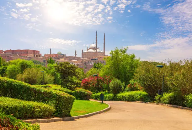 Photo of Al-Azhar Park by the Great Mosque of Muhammad Ali Pasha or Alabaster Mosque, top place of visit in Cairo, Egypt