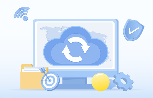 Cloud computing and online backup concept. Upload, download, backup, storage, recovery, synchronization, database transfer. Flat vector design illustration.