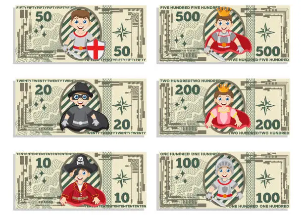 Vector illustration of A set of game money depicting medieval characters.