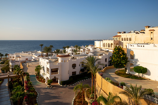 Sharm el Sheikh, Egypt, Africa - November 18, 2019: Aerial view of luxury resort on the Red Sea, hotel comfortable hotel in typical Arab architectural style