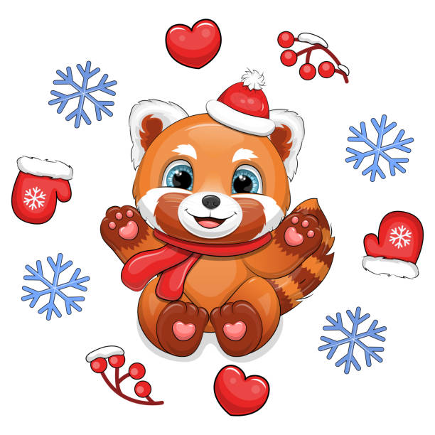 illustrations, cliparts, dessins animés et icônes de mignon panda rouge de dessin animé avec une écharpe rouge et un chapeau rouge dans un cadre d’hiver. - young animal baby panda red