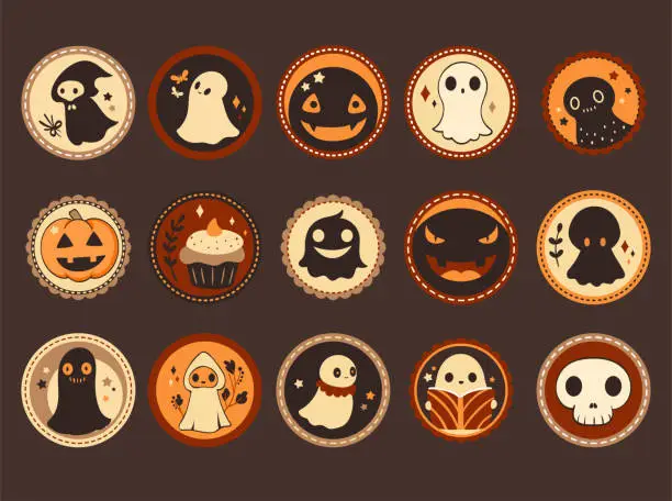 Vector illustration of Set of cute eye-catching rounded Halloween stickers . Halloween collection of cartoon stickers with little ghost, pumpkin, grim reaper, monsters