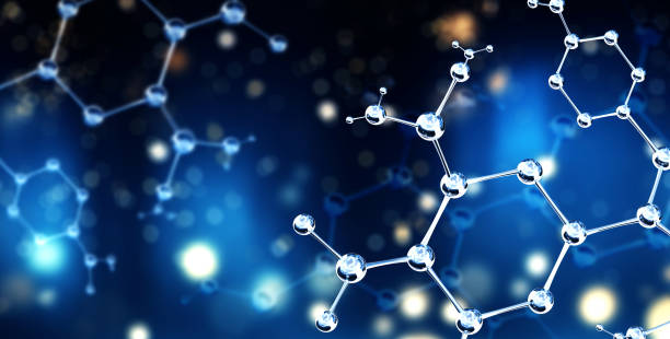 istock Horizontal banner with model of abstract molecular structure. Background of blue color with glass atom model 1623365570