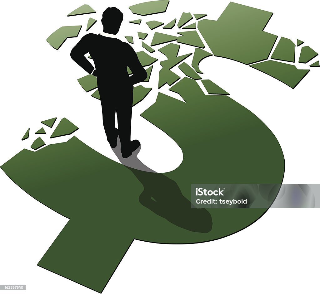 shattered Stock illustration of a businessman looking down at a shattered dollar sign. This concept image reminds us of a shattered economy and a failing investment portfolio. Broken stock vector