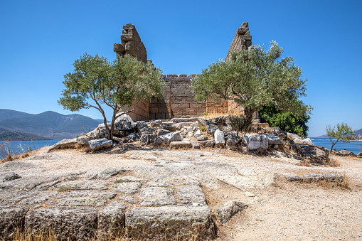 Ruins of the temple of Athena in the ancient city of Heraclea or (Latmos), Milas, Muğla, Turkey.