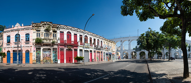 Rio de Janeiro, Brazil: skyline with the Carioca Aqueduct, known as Arcos da Lapa, open in 1750 to bring fresh water from Carioca River to the population, example of colonial architecture