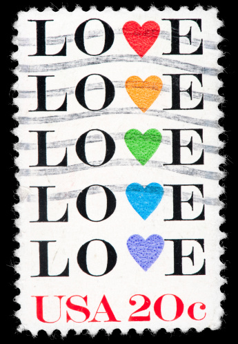 Love Vintage USA Postage Stamp, Saint Valentine's Day . The U.S. Postal Service has issued Love stamps for Saint Valentine's Day annually since the 1973 issue designed by Robert Indiana. The first issue was an 8 cents stamp with a printing production of 320 million stamps.