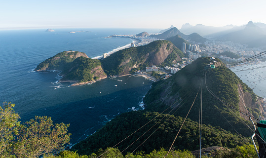 Rio de Janeiro, Brazil: the Sugarloaf Cable Car and the stunning panoramic view of the city skyline with the mountains, the beaches, the wealthy residential neighborhood of Urca and Botafogo district