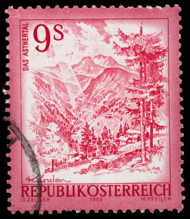 Mountain Landscape on Red  Vintage Austrian Postage Stamp,