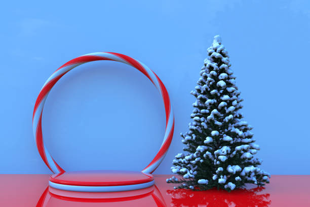 istock 3D winter scene with round podium, candy arch and snow covered Christmas tree. 1623391912